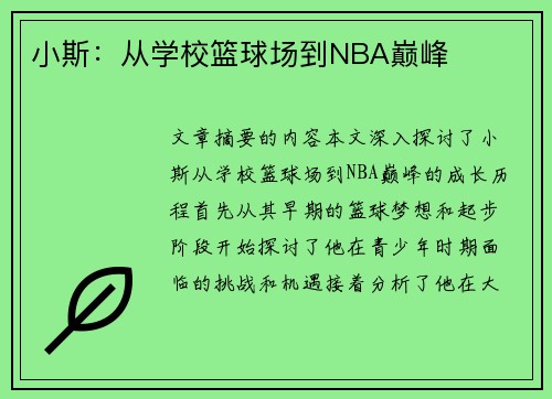 小斯：从学校篮球场到NBA巅峰